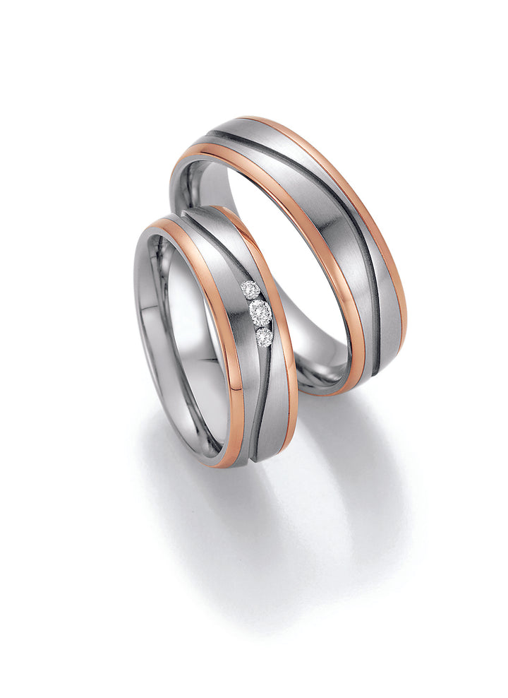 Trauring Bicolor Gold Stahl oder Palladium mit Diamant ink. Garantie und Gravur 88-60170 R/W/R