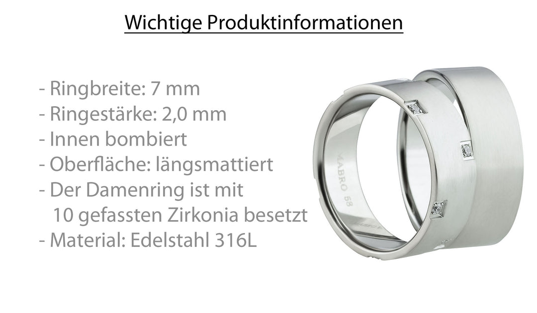 Partnerringe aus Edelstahl mit Zirkonia ink.  Gravur | AB 1136