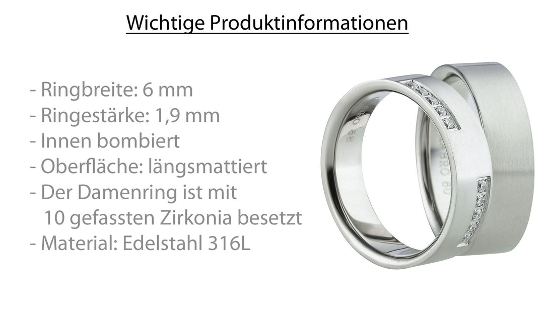 Partnerringe aus Edelstahl mit Zirkonia ink.  Gravur | AB 1468