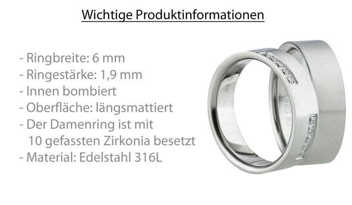 Partnerringe aus Edelstahl mit Zirkonia ink.  Gravur | AB 1468