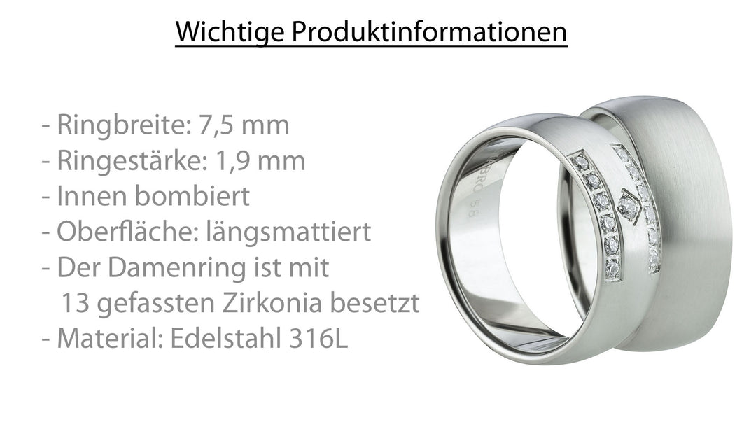 Partnerringe aus Edelstahl mit Zirkonia ink.  Gravur | AB 1474