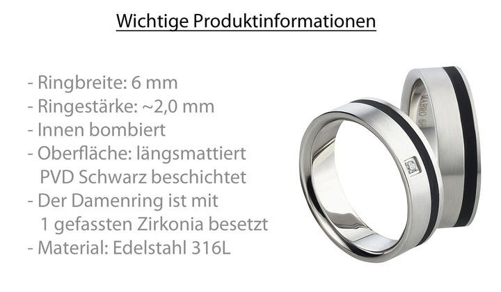 Partnerringe aus Edelstahl mit Zirkonia ink.  Gravur | AB 1550