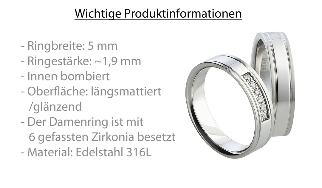 Partnerringe aus Edelstahl mit Zirkonia ink.  Gravur | AB 1556