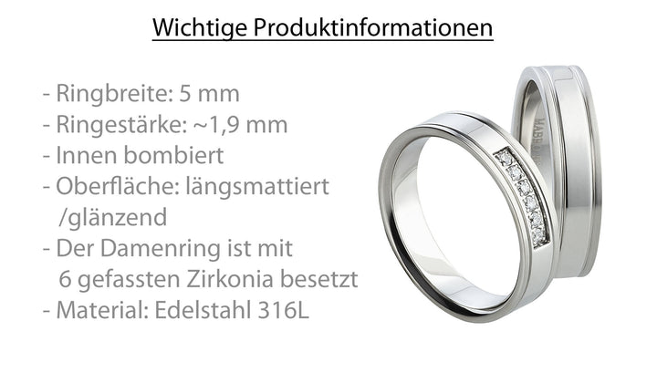 Partnerringe aus Edelstahl mit Zirkonia ink.  Gravur | AB 1556