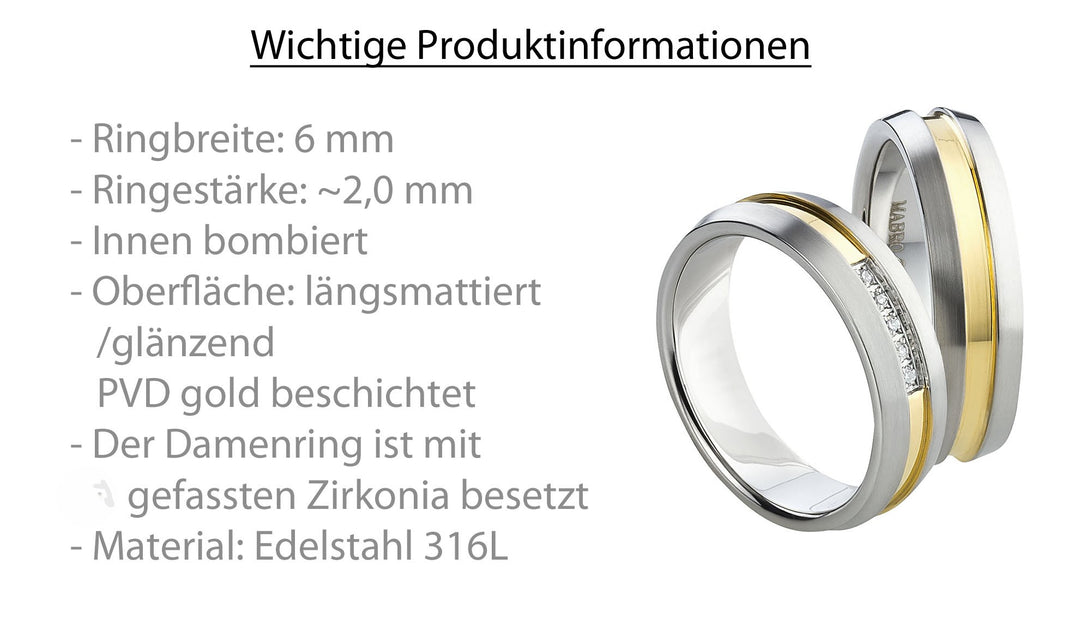 Partnerringe aus Edelstahl mit Zirkonia ink.  Gravur | AB 1558