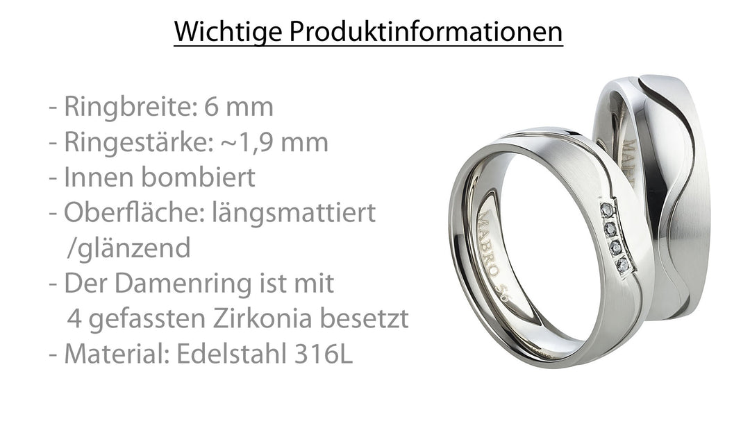 Partnerringe aus Edelstahl mit Zirkonia ink.  Gravur | AB 1758