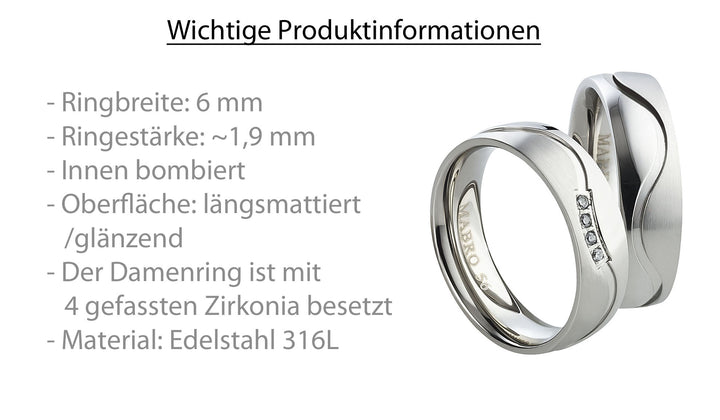 Partnerringe aus Edelstahl mit Zirkonia ink.  Gravur | AB 1758