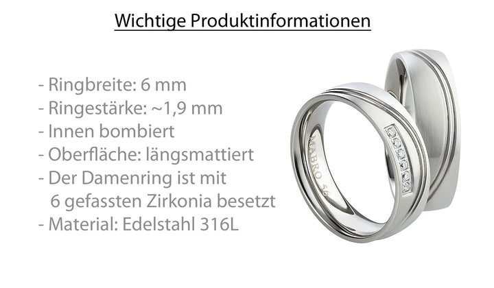 Partnerringe aus Edelstahl mit Zirkonia ink.  Gravur | AB 1762