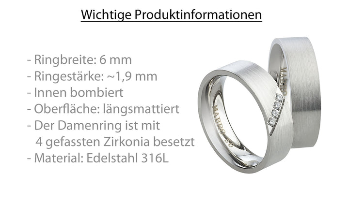 Partnerringe aus Edelstahl mit Zirkonia ink.  Gravur | AB 1768