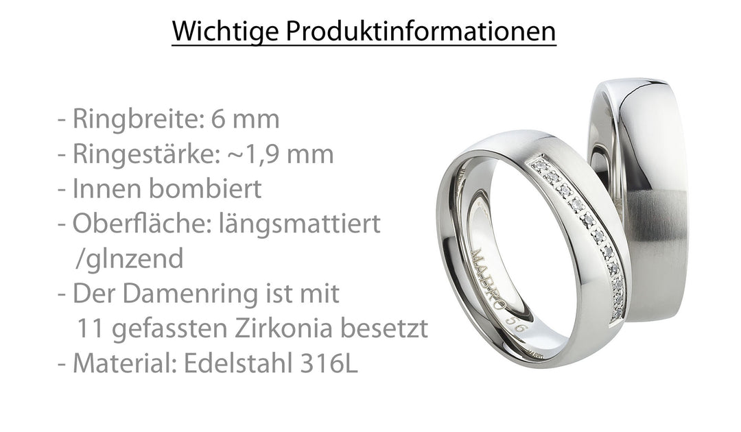 Partnerringe aus Edelstahl mit Zirkonia ink.  Gravur | AB 1770