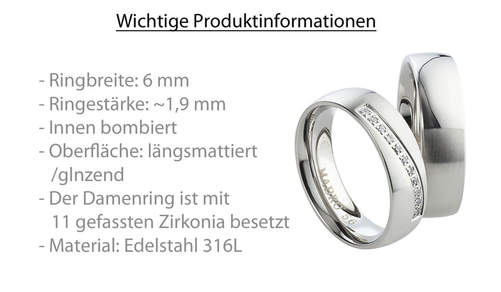Partnerringe aus Edelstahl mit Zirkonia ink.  Gravur | AB 1770