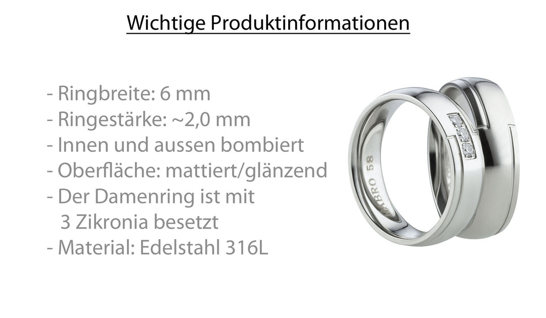 Angebot Ehe -Partnerringe aus Edelstahl mit Zirkonia ink.  Gravur | AB 2006