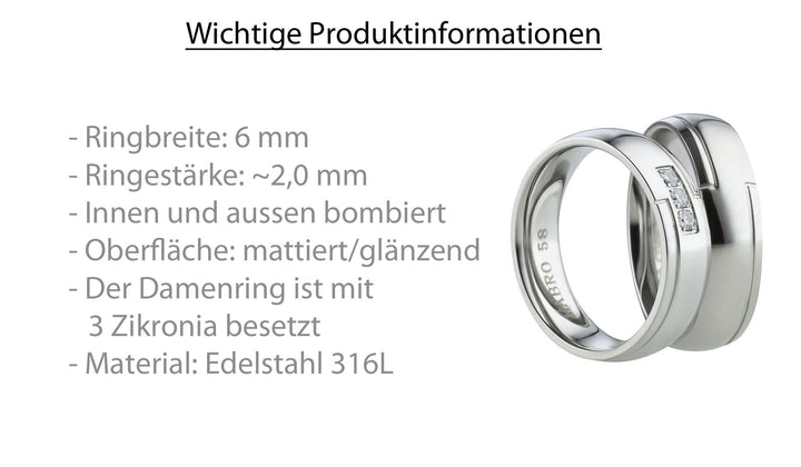 Angebot Ehe -Partnerringe aus Edelstahl mit Zirkonia ink.  Gravur | AB 2006