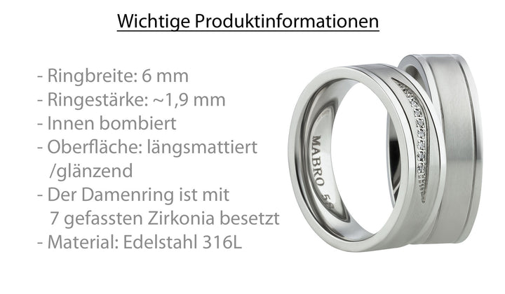 Angebot Ehe- Partnerringe aus Edelstahl mit Zirkonia ink.  Gravur | AB 2010