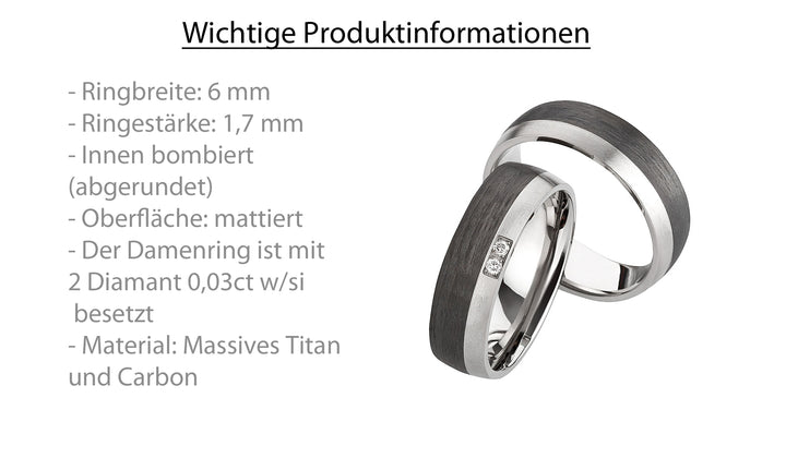 Ehe - Partnerringe aus Titan und Carbon mit Diamant ink. Gravur | AB 3846