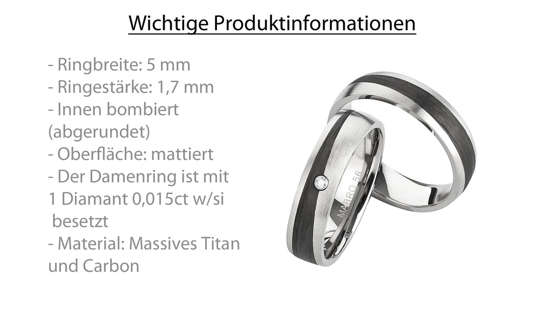 Ehe - Partnerringe aus Titan und Carbon mit Diamant ink. Gravur | AB 3848