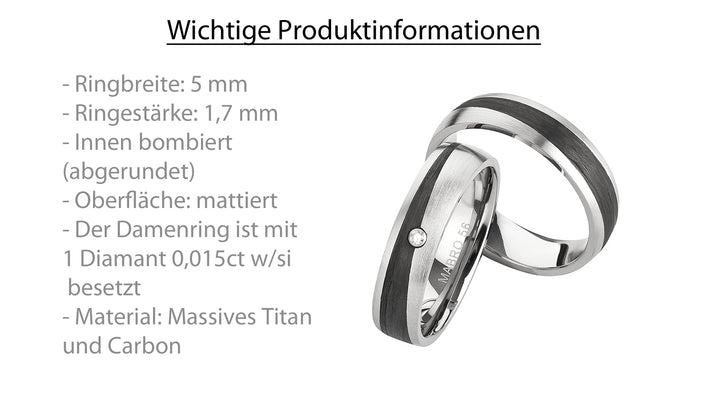 Ehe - Partnerringe aus Titan und Carbon mit Diamant ink. Gravur | AB 3848