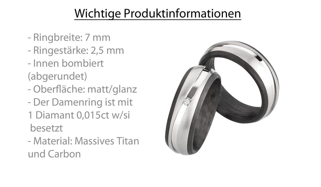 Ehe - Partnerringe aus Titan und Carbon mit Diamant ink. Gravur | AB 3850