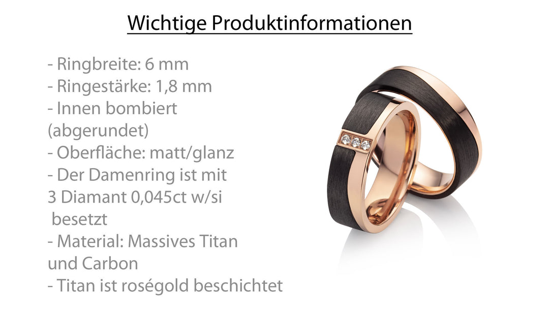 Ehe - Partnerringe aus Titan und Carbon mit Diamant ink. Gravur | AB 3852