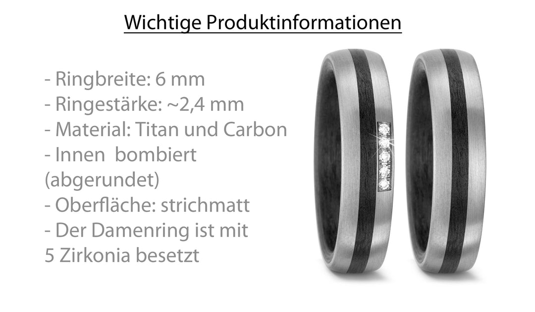 Partnerringe aus Titan und Carbon mit Zirkonia ink. Gravur | AB 3952