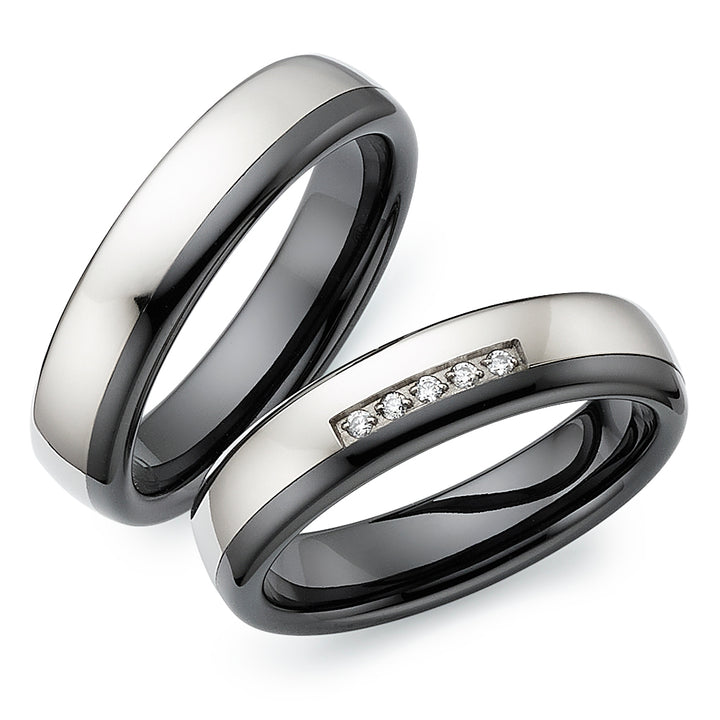 Ehe -Partner Freundschaftsringe aus Titan und Keramik mit Zirkonia ink.  Gravur | AB 4728