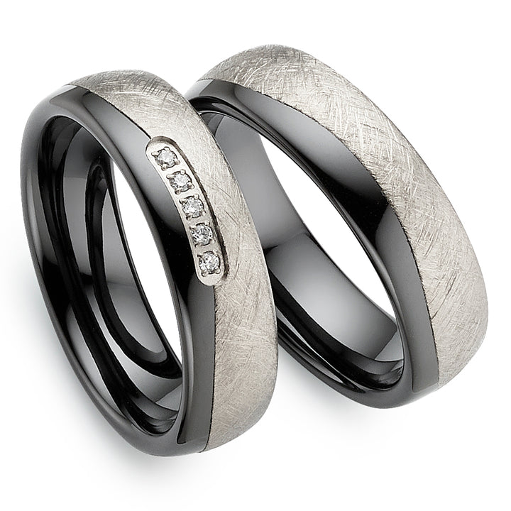 Ehe- Freundschaftsringe aus Titan und Keramik mit Zirkonia ink.  Gravur | AB 4734