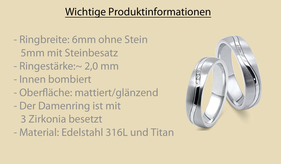 Ehe- Partnerrringe aus Titan und Edelstahl mit Zirkonia ink.  Gravur | AB 4828