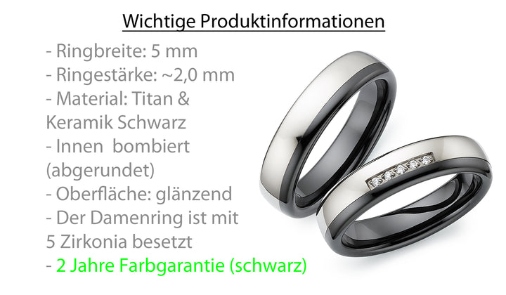 Ehe -Partner Freundschaftsringe aus Titan und Keramik mit Zirkonia ink.  Gravur | AB 4728