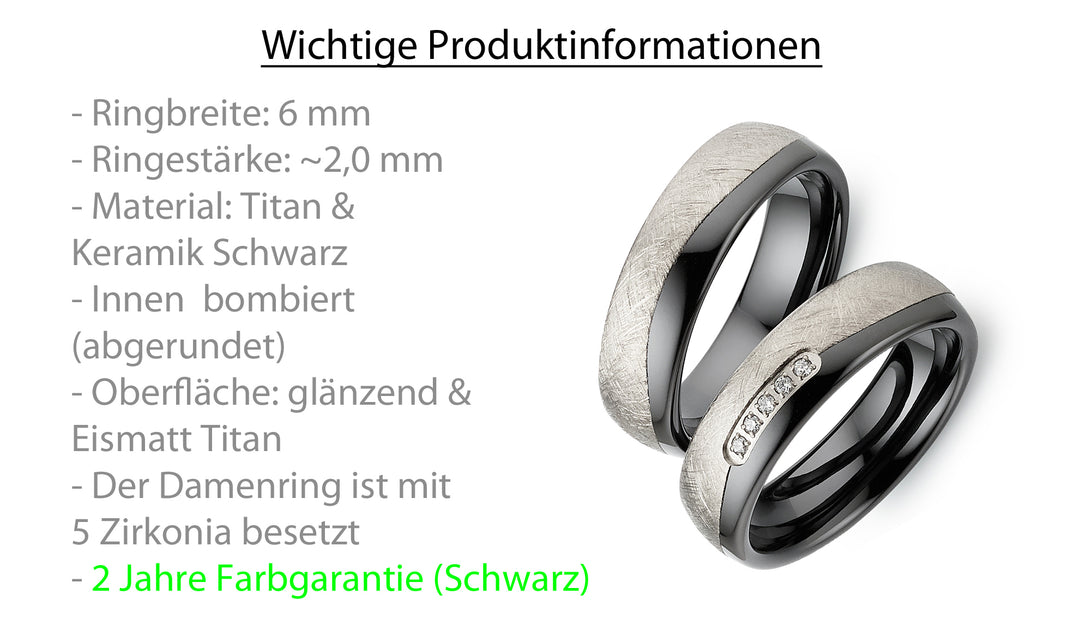 Ehe- Freundschaftsringe aus Titan und Keramik mit Zirkonia ink.  Gravur | AB 4734