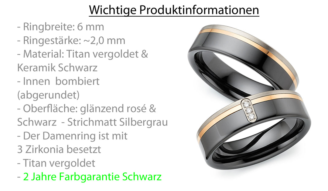 Ehe- Freundschaftsringe aus Titan und Keramik mit Zirkonia ink.  Gravur | AB 4736