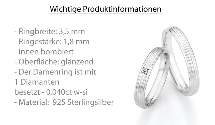 Verlobungsringe, Ehe- Partnerringe aus 925 Silber mit Diamant ink.  Gravur | CR55-33010