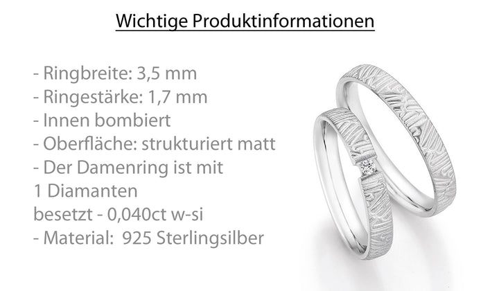 Verlobungsringe, Ehe- Partnerringe aus 925 Silber mit Diamant ink.  Gravur | CR55-33070