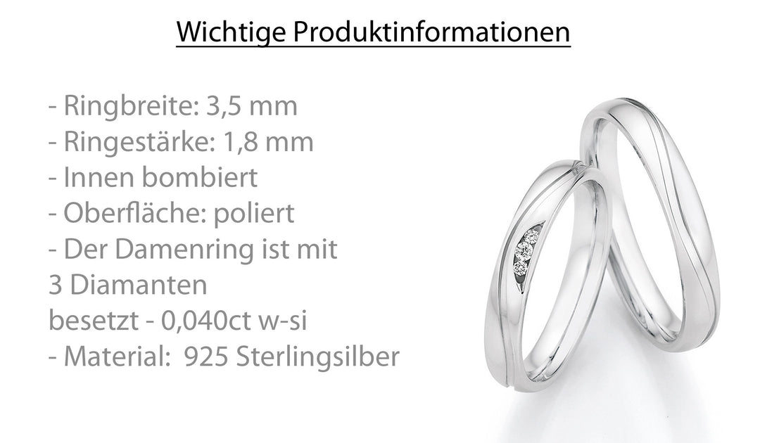 Verlobungsringe, Ehe- Partnerringe aus 925 Silber mit Diamant mit  Gravur | CR55-33150