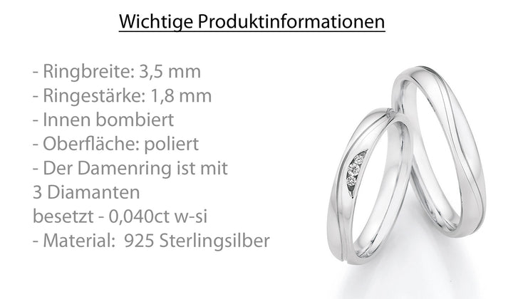 Verlobungsringe, Ehe- Partnerringe aus 925 Silber mit Diamant mit  Gravur | CR55-33150
