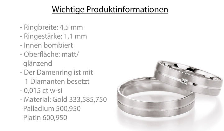 Trauring Gold Platin Palladium mit Diamant ink. Garantie und Gravur 66-10030