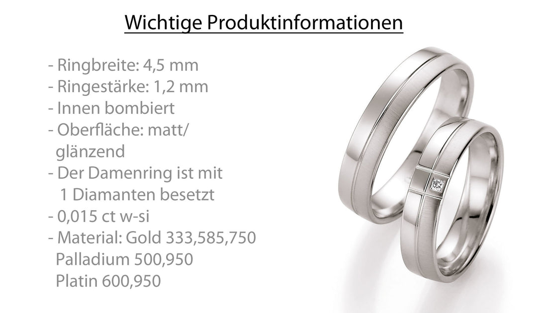 Trauring Gold Platin Palladium mit Diamant ink. Garantie und Gravur 66-10050