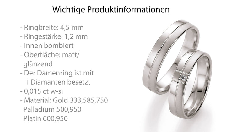 Trauring Gold Platin Palladium mit Diamant ink. Garantie und Gravur 66-10050