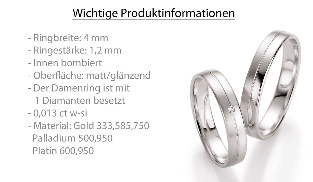 Trauring Gold Platin Palladium mit Diamant ink. Garantie und Gravur 66-10090