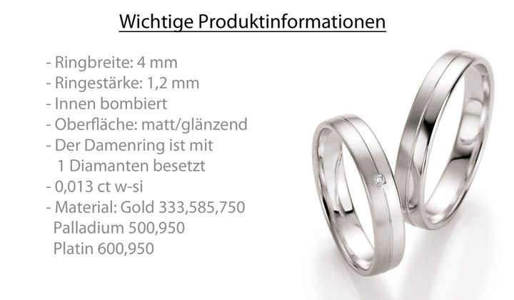 Trauring Gold Platin Palladium mit Diamant ink. Garantie und Gravur 66-10090