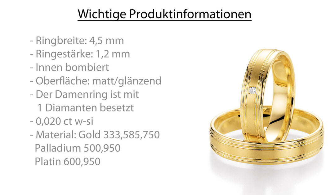 Trauring Gold Platin Palladium mit Diamant ink. Garantie und Gravur 66-10150