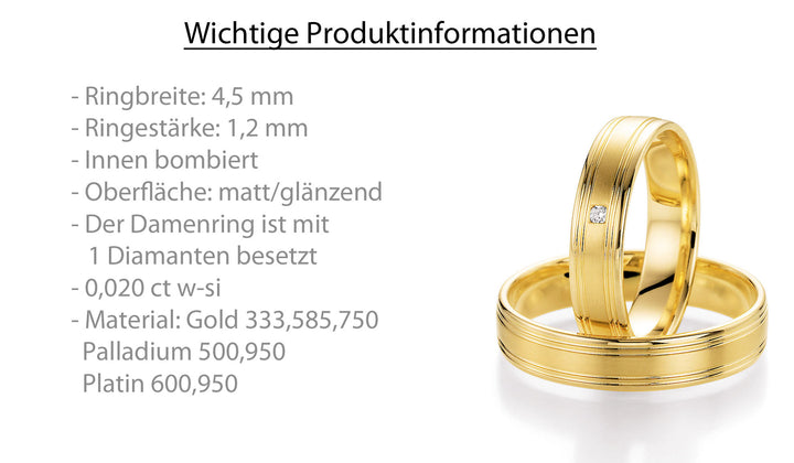 Trauring Gold Platin Palladium mit Diamant ink. Garantie und Gravur 66-10150