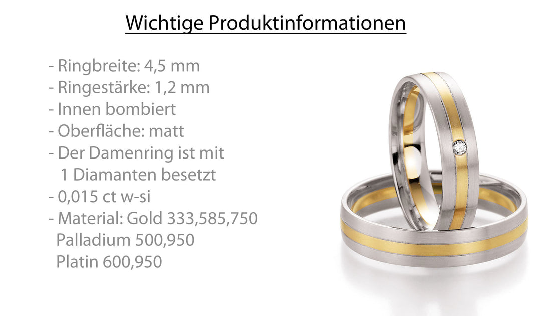 Trauring Bicolor Gold Platin Palladium mit Diamant ink. Garantie und Gravur 66-10250 WGW