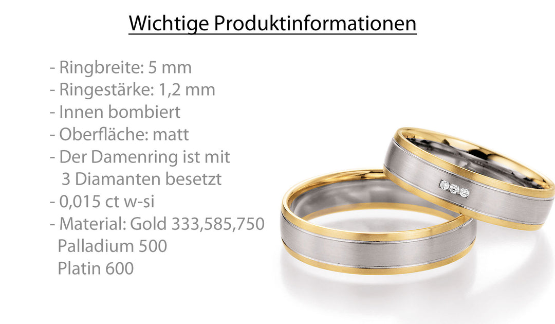 Trauring Bicolor Gold Platin Palladium mit Diamant ink. Garantie und Gravur 66-10280 GWG