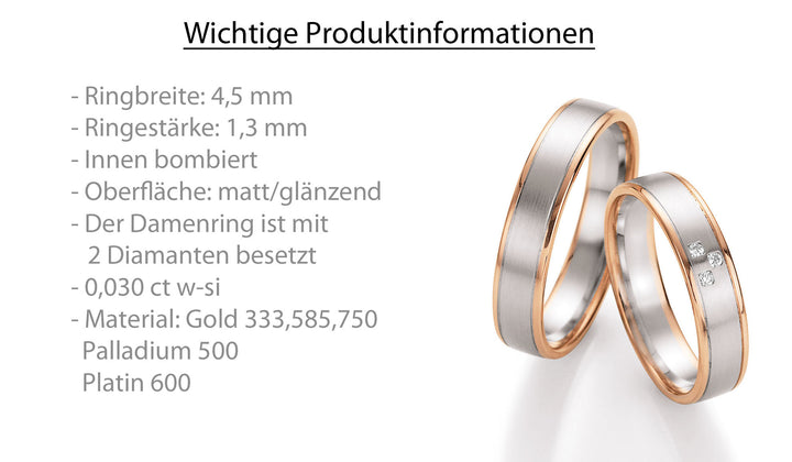 Trauring Bicolor Gold Platin Palladium mit Diamant ink. Garantie und Gravur 66-10290 RWR