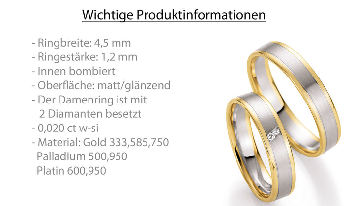 Trauring Bicolor Gold Platin Palladium mit Diamant ink. Garantie und Gravur 66-10310 GWG