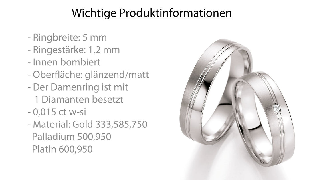 Trauring Gold Platin Palladium mit Diamant ink. Garantie und Gravur 66-10330