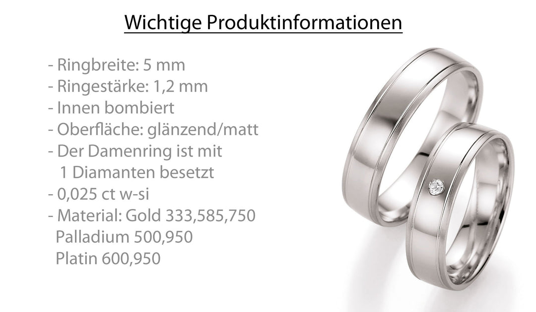 Trauring Gold Platin Palladium mit Diamant ink. Garantie und Gravur 66-10350