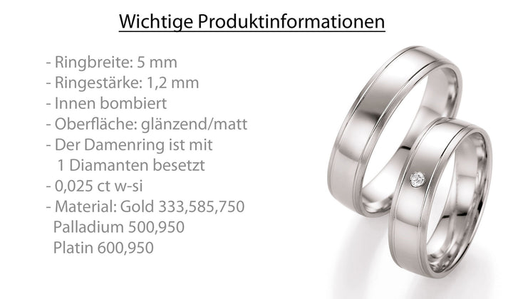 Trauring Gold Platin Palladium mit Diamant ink. Garantie und Gravur 66-10350