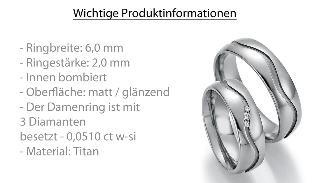 Trauringe Titan mit Diamant ink. Garantie und Gravur 77-20090