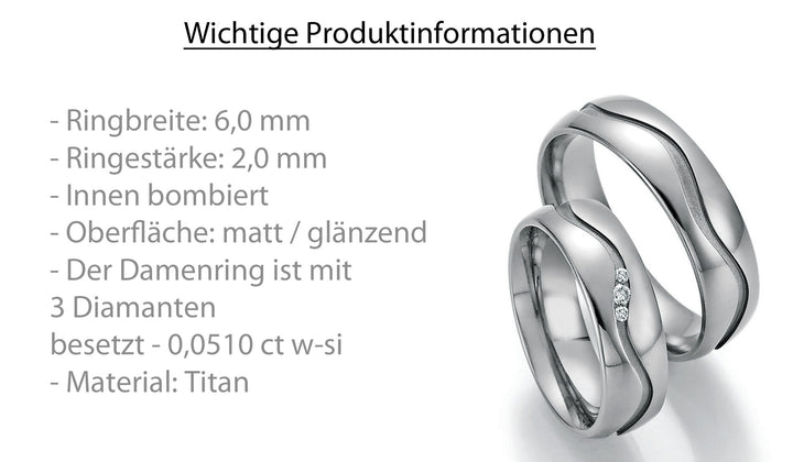 Trauringe Titan mit Diamant ink. Garantie und Gravur 77-20090